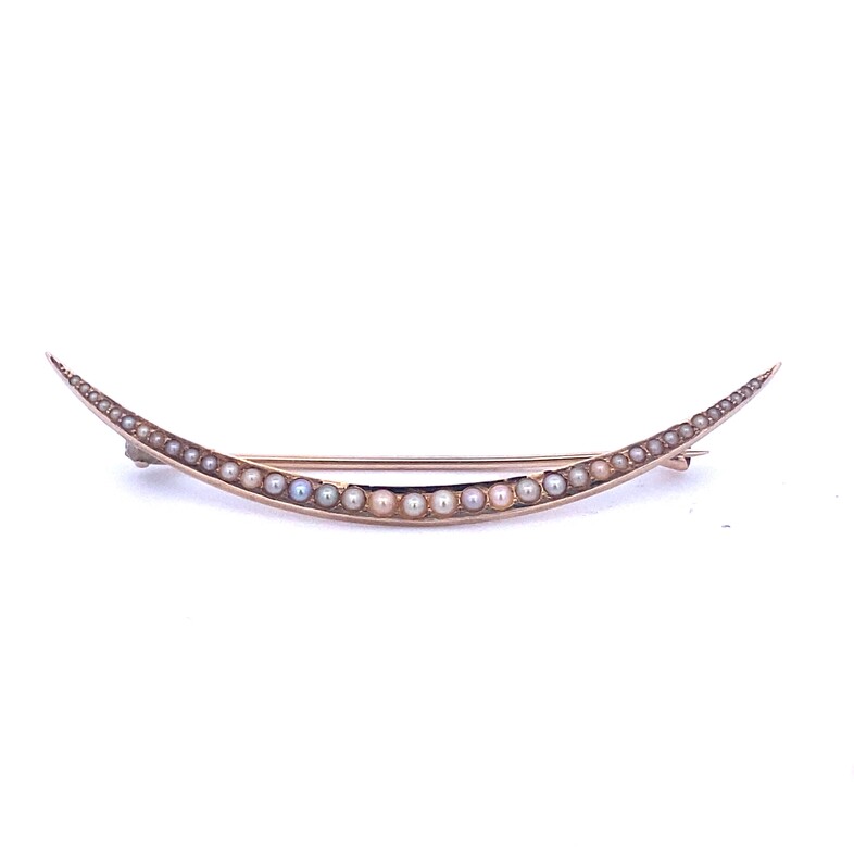 Estate 14 Karat Yellow Gold Crescent Pin With 37 Seed Pearls